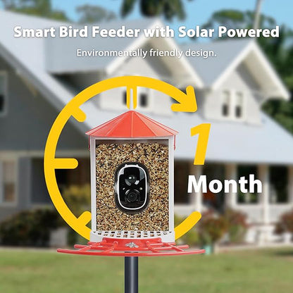 Smart Bird Feeder with Camera Solar, Auto Capture Bird Videos & Motion Detection, Birds Watching Camera Notify in Time, Metal Birds Feeder with Seed Guard, Ideal Present for Mom (Red)