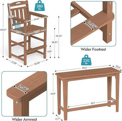 Ciokea Heavy-Duty Outdoor Bar Set, Rectangle High Top Table and 2 Oversized Adirondack Chairs Set, HDPE Modern Patio Bar Set for Outside Bistro Backyard Balcony Deck Outside, Teak