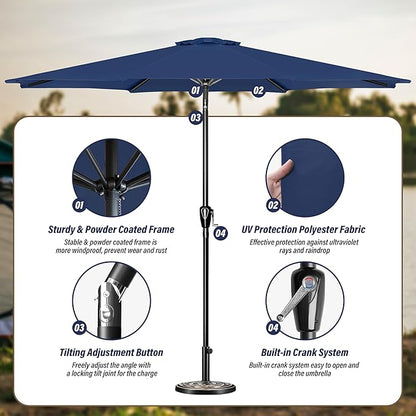 Simple Deluxe 10FT Outdoor Patio Umbrella Table Market Umbrella with Push Button Tilt and Crank, 8 Sturdy Ribs, UV Protection Waterproof for Garden, Lawn, Deck, Backyard, Pool, Dark Blue