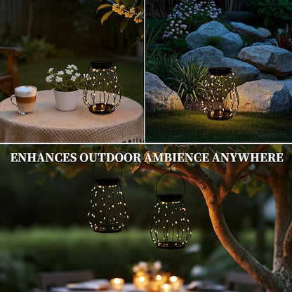 Solar Lanterns Outdoor Hanging, 2 Pack Metal Cage Lanterns with Warm White LED String Lights, Waterproof Solar Powered Decorative Lights for Patio, Garden, Porch, Balcony & Holiday Gifts