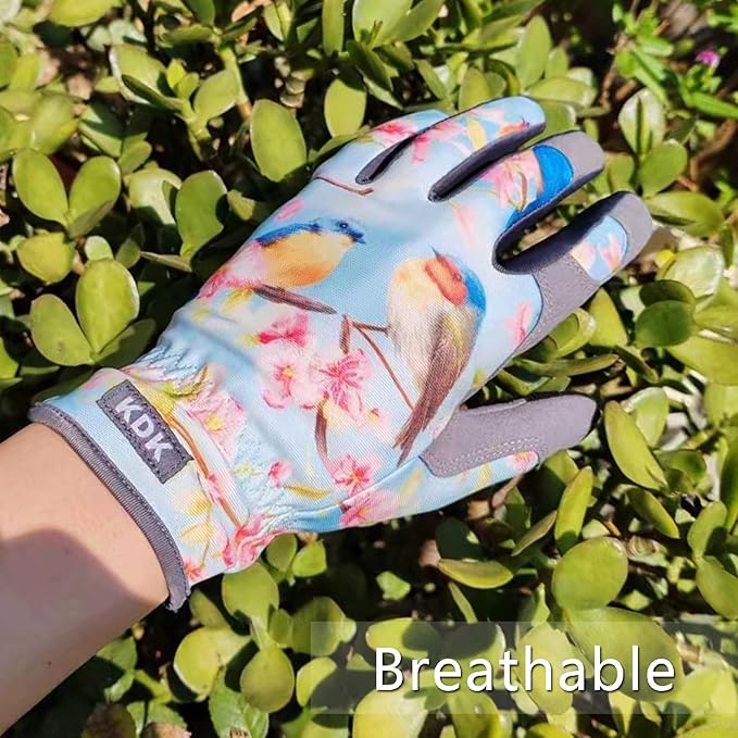 Gardening Gloves for Women, Flexible Breathable Garden Gloves, Leather Working Gloves for Weeding, Digging and Pruning (S-Birds)