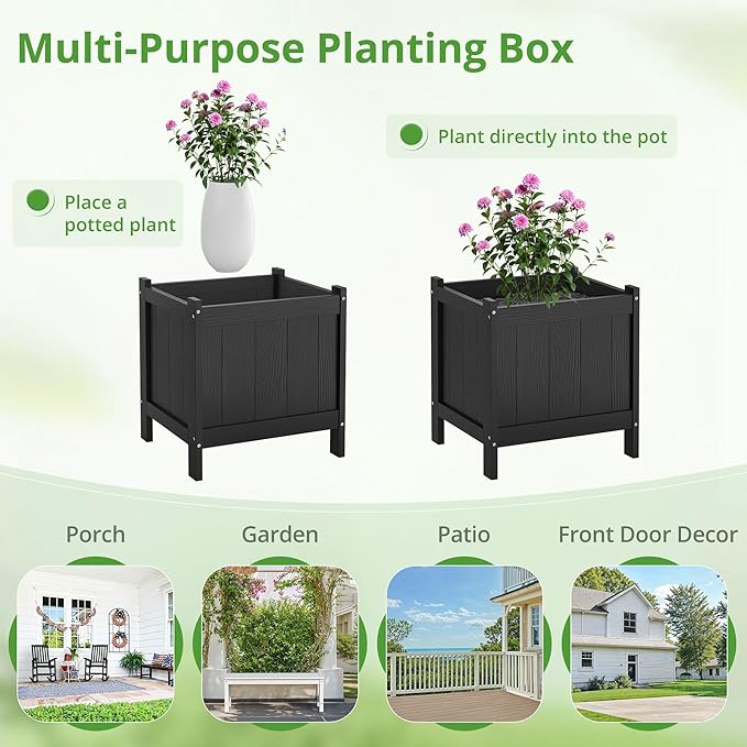 LUE BONA Outdoor Plant Pots Set of 2, 13.7" x 12.5" x 14.5" HDPS Flower Pots with Drainage Holes, Outdoor Planter Box for Outdoor Plants - Porch Patio, Garden or Entryway, Black