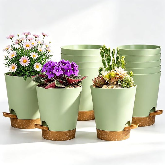 12 Pack 4 Inch African Violet Pots Self Watering, Self-Watering Planters with Drainage Holes & Reservoir, Green Brown Plastic Pots for Indoor Outdoor Plants, Succulents & Flowers