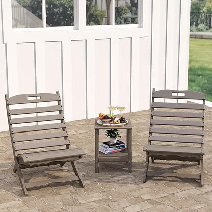 GREENVINES 3 Pieces Patio Furniture Set | Outdoor Bistro Sets for 2 | HDPE Wood Grain | Folding-Adirondack-Chairs-with-Side-Table | All Weather | Xavier Chair | for Porch Deck Poolside | Desert Brown