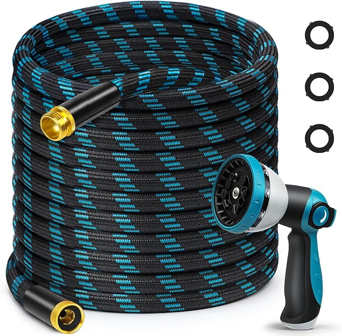 50FT Garden Hose, Non-Expandable Flexible Fabric Water Hose with 10-Function Spray Nozzle, Kink-Free & Lightweight Yard Hose with 3/4" Solid Brass Connectors for Lawn, Outdoor, RV & Marine Use