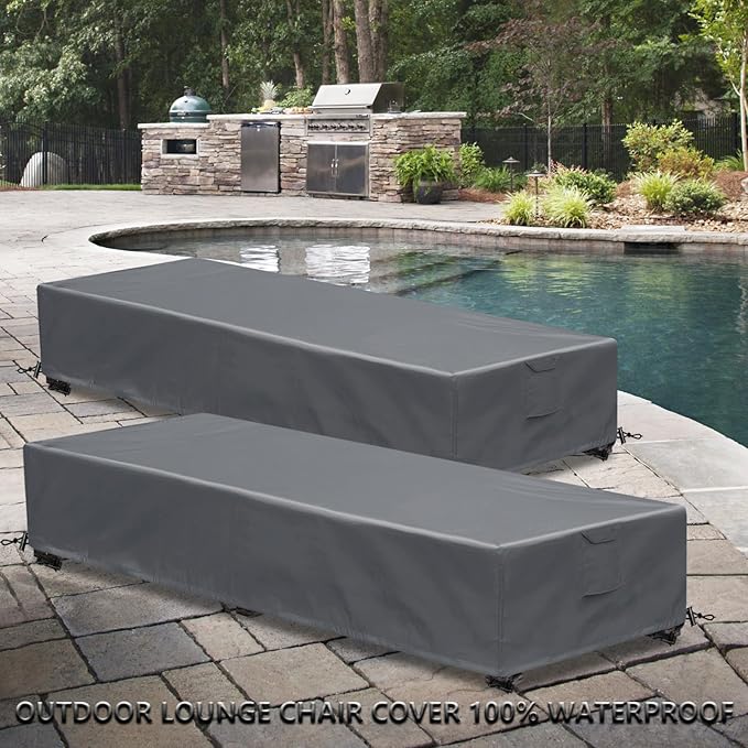 Waterproof Patio Lounge Chair Cover 4 Pack Outdoor Chaise Lounge Covers 600D Weather Resistant Material, UV Protection, Windproof Design Outside Furniture Covers 80" x 28" x 14" H, Grey
