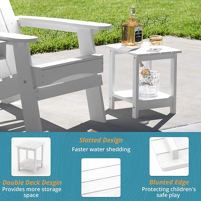LUE BONA Adirondack Outdoor Side Table, 2-Tier White HDPS Patio End Table Weather Resistant, Morden Side Table for Patio, Pool, Porch