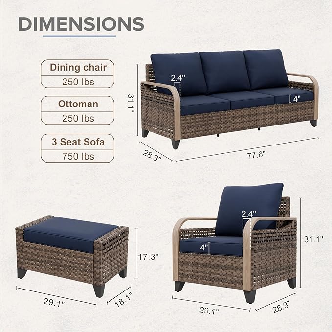 COOS BAY Modern Wicker Outdoor Furniture Set, Patio Conversation Set with Patio Chairs, 3 Seat Couch, and Ottomans, 5 Piece, Brown/Blue