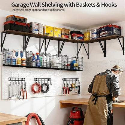 Housolution Garage Shelving Wall Mounted, Heavy-Duty Garage Wall Shelving with Baskets & Hooks Supports up to 154 LBS in Total, Tool Storage Organizer for Home, Garden, Kitchen, Laundry Room
