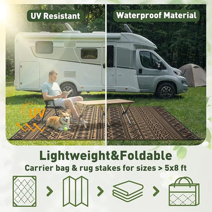 MontVoo-Outdoor Rug Carpet Waterproof 5x8 ft Reversible Patio Rug RV Camping Rugs Plastic Straw Outside Indoor Outdoor Area Rugs for Patio Deck Balcony Picnic Beach Outdoor Decor Boho Black Brown
