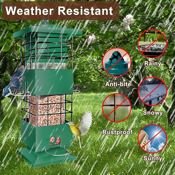 Squirrel Proof Bird Feeder, 3LBS Large Capacity Hanging Bird Feeders with Weight-Activated Perches for Outdoors, Metal Anti-Squirrel Wild Birdfeeder for Blue Jay, Cardinal, Outside (Green)