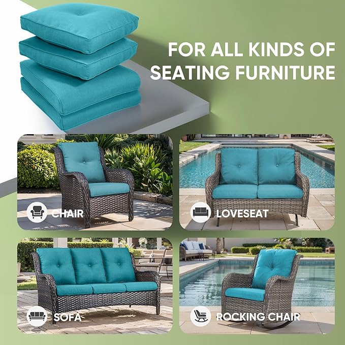Outdoor Chair Cushion Set, 25 x 22 Deep Seat Cushion, Patio Chair Cushions for Outdoor, Include 1 Seat Cushion and 1 Back Cushion, Cyan Blue