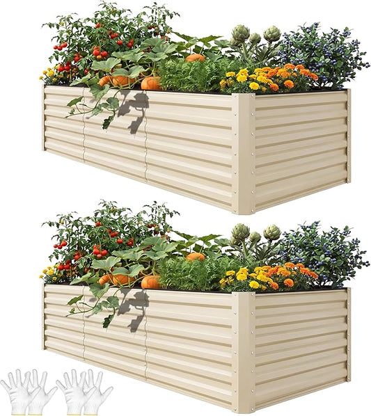 YITAHOME 8x4x2ft 2pcs Large Raised Garden Bed Kit, Galvanized Metal Planter Box with Gloves & Safety Rubber, Outdoor Above Ground Planters for Plants Vegetables Flowers, Cream Yellow