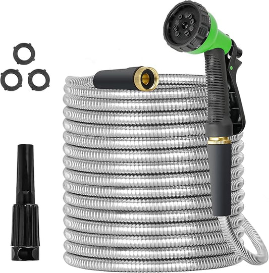 TVKB Metal Garden Hose 25ft Stainless Steel Metal water Hose Super Tough & Flexible Water pipe Lightweight, Crush Resistant Aluminum Fittings, Kink & Tangle Free, Rust Proof