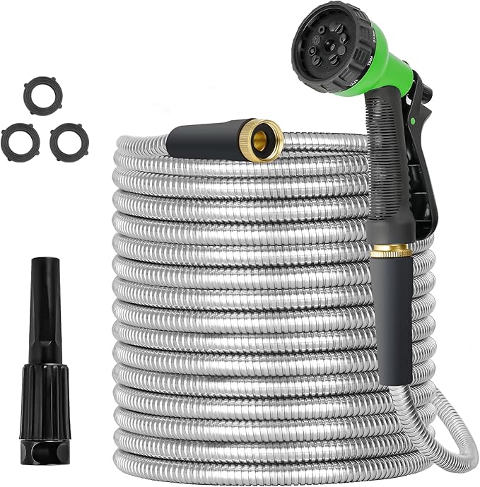 TVKB Metal Garden Hose 75ft Stainless Steel Water Hose Super Tough Flexible Water Pipe with 3/4 inch Brass Fittings and Sprayer Nozzle, Kink & Tangle Free, Rust Proof
