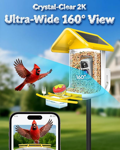 Bird Feeder with Camera Solar Powered - Smart Bird Feeder Camera 2K HD Live Stream, 5MP Photos, AI Identification for Backyard, 2.4Lb Large Capacity, Gifts for Mom Dad, Yellow White