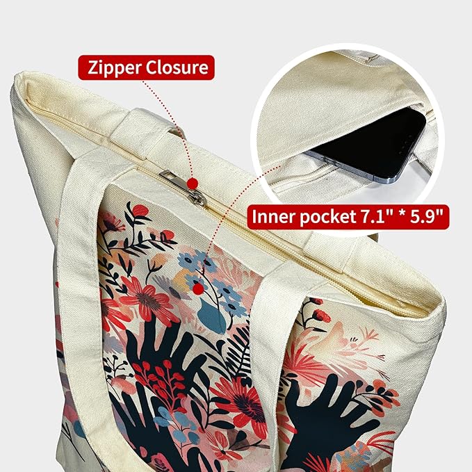 itgowisa Canvas Tote Bag for Women, Tote Bag with Zipper Inner Pocket, Zippered Canvas Bag for Shopping Work Grocery Everyday