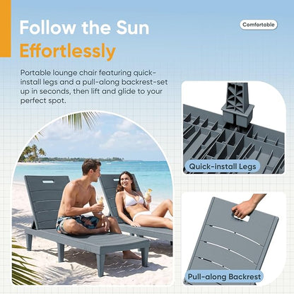 Greesum Outdoor Chaise Lounge Chairs Set of 4 with 5-Position Adjustable Backrest, Waterproof PP Sun Loungers for Garden Pool Beach Patio Deck Sunbathing, Grey