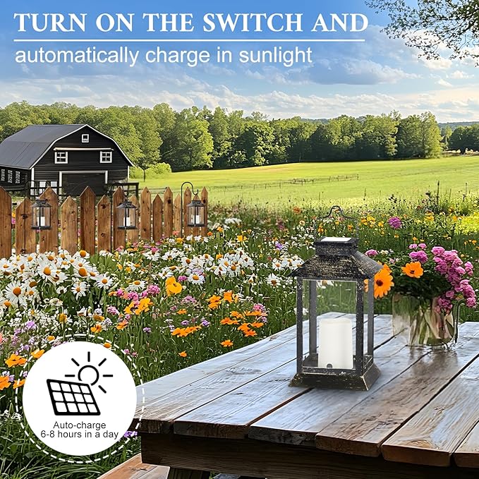 Metal Solar Lanterns Outdoor Waterproof, Hanging Solar Flickering Flame Lights Outdoor for Front Porch Decor, Outdoor Patio, Garden,Balcony,Porch, Christmas, Fall Decor, 2 Pack (Bronze Black)