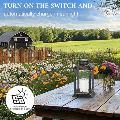 Metal Solar Lanterns Outdoor Waterproof, Hanging Solar Flickering Flame Lights Outdoor for Front Porch Decor, Outdoor Patio, Garden,Balcony,Porch, Christmas, Fall Decor, 2 Pack (Bronze Black)