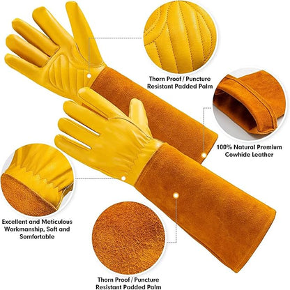 Thorn Proof Gardening Gloves for Men & Women, Long Cowhide Leather Rose Pruning Gloves with Forearm Protection, Puncture Resistant Gauntlets for Cacti, Blackberries & Yard Work(Butter Yellow,Medium)