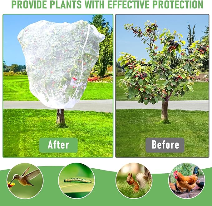 Fruit Tree Netting, Plant Mesh Netting for Garden Protection, Blueberry Bush Insect Netting Cover as Garden Pest Barrier from Cicadas, Bug, Bird (4.9x4 FT, 4Pcs, Zipper & Drawstring Design)