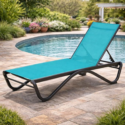 Kozyard Outdoor Chaise Lounge Chair, All Aluminum Frame and Textilene Fabric, Fully Flat Adjustable Reclining Patio Lounger for Poolside, Sunbathing & Backyard, (Aqua)