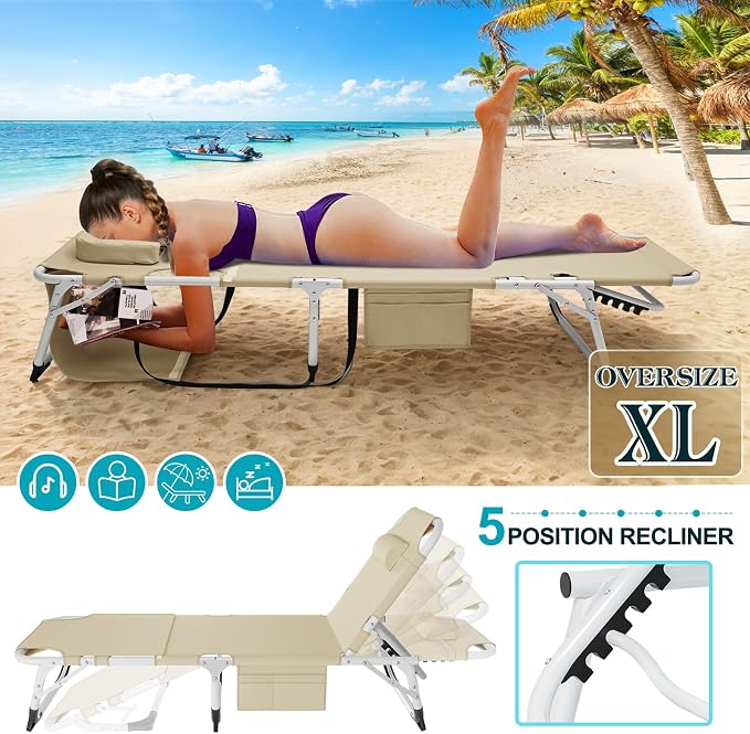 ABORON 3-in-1 Tanning Chair, 5-Position with Face and Arm Holes | 5-position reclining chair includes a removable mat, pillow, face hole and arm slots; folds flat for beach or patio use.