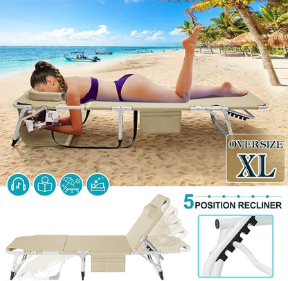 ABORON 3-in-1 Tanning Chair, 5-Position with Face and Arm Holes | 5-position reclining chair includes a removable mat, pillow, face hole and arm slots; folds flat for beach or patio use.