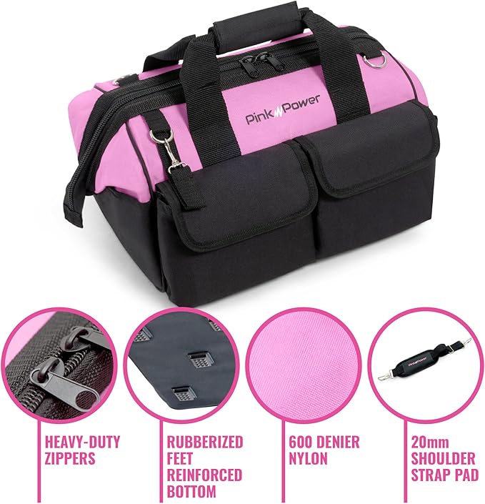 Pink Power Pink Tool Bag for Women -16" Tool Tote Bag w/ 22 Storage Pockets - Womens Small ToolBag Ladies ToolBox for Hand Tools, Power Kits & More - Womens Zipper Toolbag Caddy Organizer