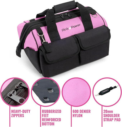 Pink Power Pink Tool Bag for Women -16" Tool Tote Bag w/ 22 Storage Pockets - Womens Small ToolBag Ladies ToolBox for Hand Tools, Power Kits & More - Womens Zipper Toolbag Caddy Organizer