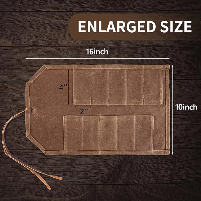 Tool Roll,10Slots Tool Roll Up Pouch,Heavy Duty Waxed Canvas Tool Roll Bag,Chisel Wrench Spanner Roll Tool Pouch with Leather Rope,Tool Roll Organizer for Mechanic Electrician Plumber Carpenter
