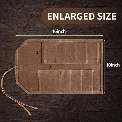 Tool Roll,10Slots Tool Roll Up Pouch,Heavy Duty Waxed Canvas Tool Roll Bag,Chisel Wrench Spanner Roll Tool Pouch with Leather Rope,Tool Roll Organizer for Mechanic Electrician Plumber Carpenter