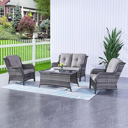 HUMMUH 4 Piece Patio Conversation Furniture Set PE Wicker Rattan Outdoor Loveseat Sofa,Patio Chairs,Coffee Table for Garden,Poolside,Backyard,Deck