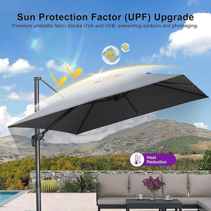PURPLE LEAF 10 FT Cantilever Patio Umbrella Outdoor Aluminum Offset Square Umbrella with 3 Years Fade Resistance Recycled Fabric and 360-degree Rotation for Deck Pool Gard, Mist Grey
