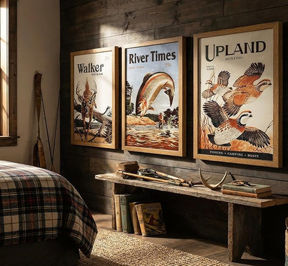 3Pcs Framed Retro Hunting Canvas Wall Art Outdoorsy Wild Animal Wall Decor Pictures Nature Wilderness Deer Wild Duck Fishing Posters Prints Gift Send Hunter Dad for Living Room Bedroom Home Decoration