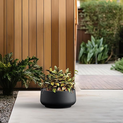 Kante 13.4" Dia Round Curvy Concrete Planter, Large Plant Pots with Drainage Hole and Rubber Plug for Indoor Outdoor Plants, Flower Pot for Home Garden Patio Porch, Black