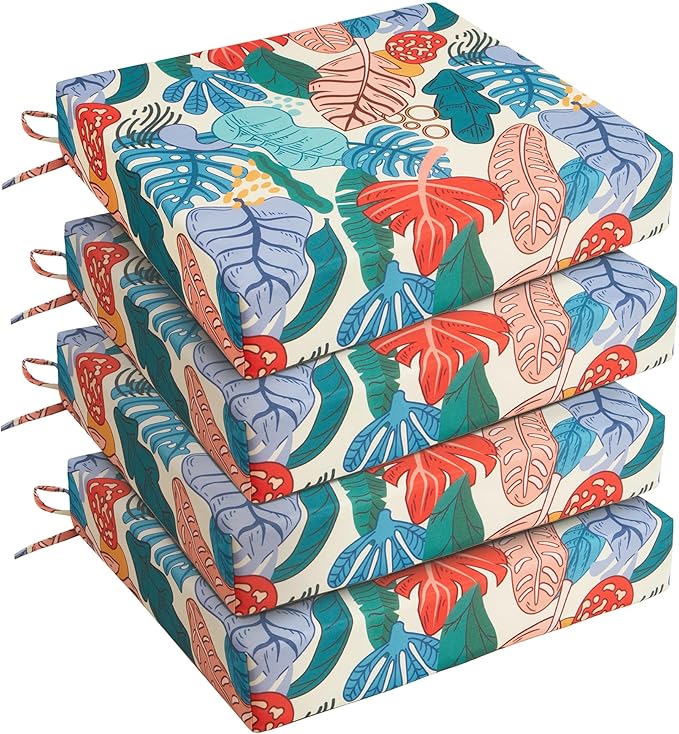 UNIKOME Outdoor Chair Cushions Pack of 4, Water Resistant Patio Cushions with Ties, High Density Sponge Filling Square Corner Seat Cushions for Outdoor Furniture, 19"*19"*3", Palm Tropical