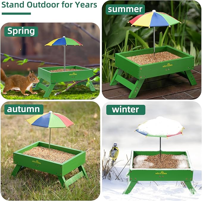 MIXXIDEA Ground Bird Feeder for Outdoors Bird&Squirrel Feeder Wooden Chicken Picnic Table Platform Feeder Wild Bird Feed Crow Feeder for Outside with 5 LBS Capacity