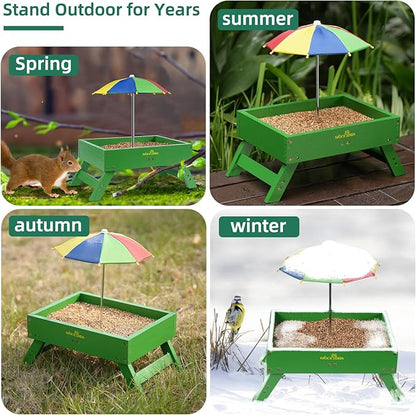 MIXXIDEA Ground Bird Feeder for Outdoors Bird&Squirrel Feeder Wooden Chicken Picnic Table Platform Feeder Wild Bird Feed Crow Feeder for Outside with 5 LBS Capacity