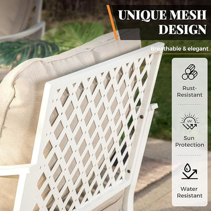 5 Piece Patio Furniture Set, 2 x Swivel Chair, 1 x 2-Seat Sofa, 1 x 3-Seat Sofa with Marbling Coffee Table, All Cushioned 7 Seats Outdoor Conversation Set for Lawn Garden Backyard, Beige