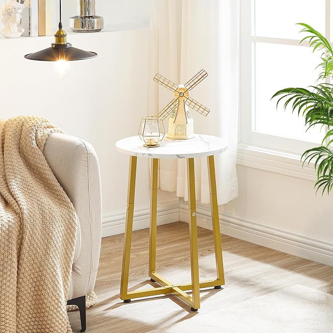 HOOBRO Side Table, Round End Accent Table with Sturdy Metal Pedestal, 15.7" Round Nightstand, for Living Room, Bedroom, Balcony, Office, Marble and Gold DM95BZ01
