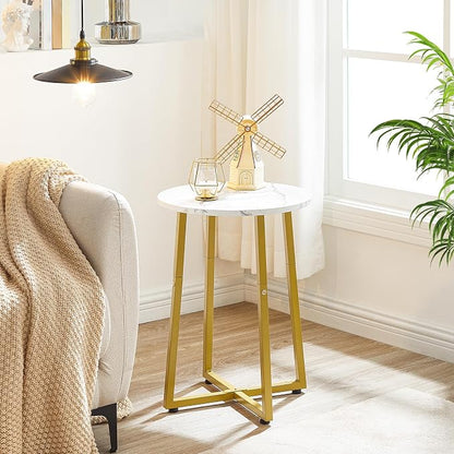 HOOBRO Side Table, Round End Accent Table with Sturdy Metal Pedestal, 15.7" Round Nightstand, for Living Room, Bedroom, Balcony, Office, Marble and Gold DM95BZ01