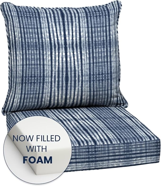 Arden Outdoor Foam Deep Seat Cushion Set (2-Pack), 24x24, Premium High-Density Foam, Never Flattens, Weather-Proof for Patio Chair Sofa Couch, Blue Shibori Stripe