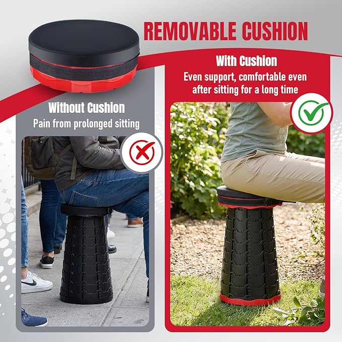 2026 Upgraded Collapsible Stool with Cushion, Portable Folding Stool for Adults Heavy Duty, Camping Stools for Outdoor Camping Travel Hiking Fishing, Adujstable Folding Chair Footrest,Red