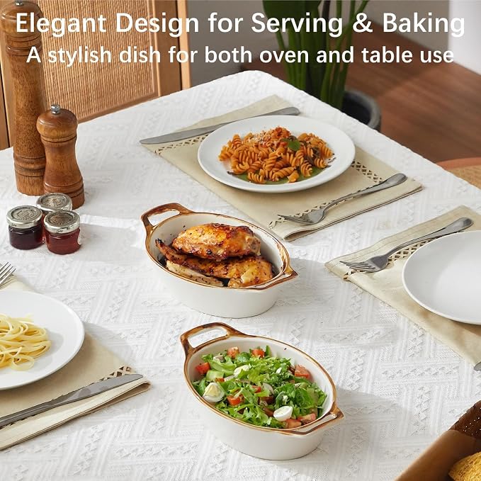 ONEMORE Au Gratin Baking Dish Set of 4, Oval White Ceramic Mini Casserole Dishes with Brown Rim, Oven Safe, 20 oz 6x8 Inches, Ideal for Individual Serving, Lasagna, Quiche