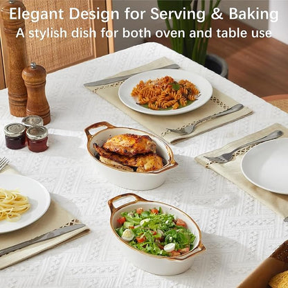 ONEMORE Au Gratin Baking Dish Set of 4, Oval White Ceramic Mini Casserole Dishes with Brown Rim, Oven Safe, 20 oz 6x8 Inches, Ideal for Individual Serving, Lasagna, Quiche