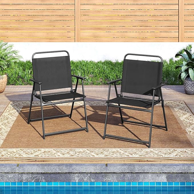 Tangkula Outdoor Folding Chairs Set of 2, Patio Dining Chairs with Breathable Fabric Seat & Cozy Armrests, Heavy-Duty Metal Frame, Portable Lawn Chairs for Backyard, Porch, Camping (2, Black)