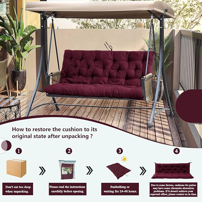 2/3 Seater Swing Replacement Cushion, Waterproof Porch Swing Cushions with Backrest, Thickened Bench Cushions for Outdoor Furniture, for Outdoor Patio Swing (Claret Red, 47 * 40 in)