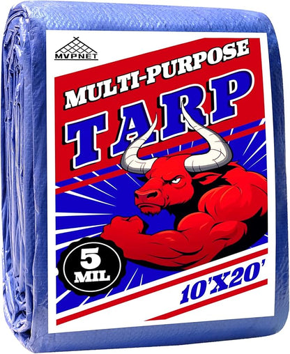 Tarp 10x20 ft 100% Waterproof Uv Resistant High Durability Multipurpose 5mil Blue Tarp for Covering Courtyards, Cars, Camping, Gardens, Pet Nests -by MVPNET